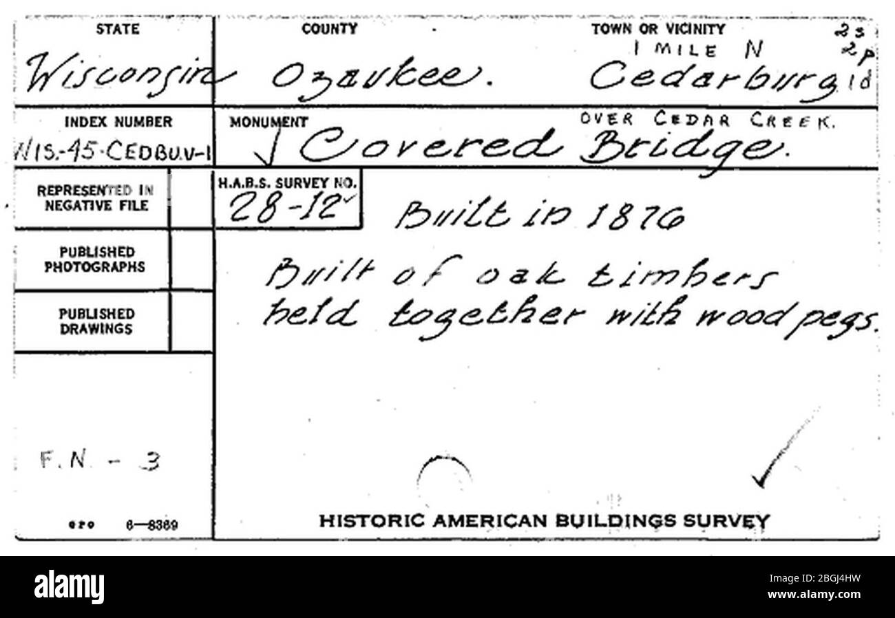 Historische amerikanische Gebäude Übersicht schriftliche Beschreibung der gedeckten Brücke Cedarburg Wisconsin - 3 von 4. Stockfoto