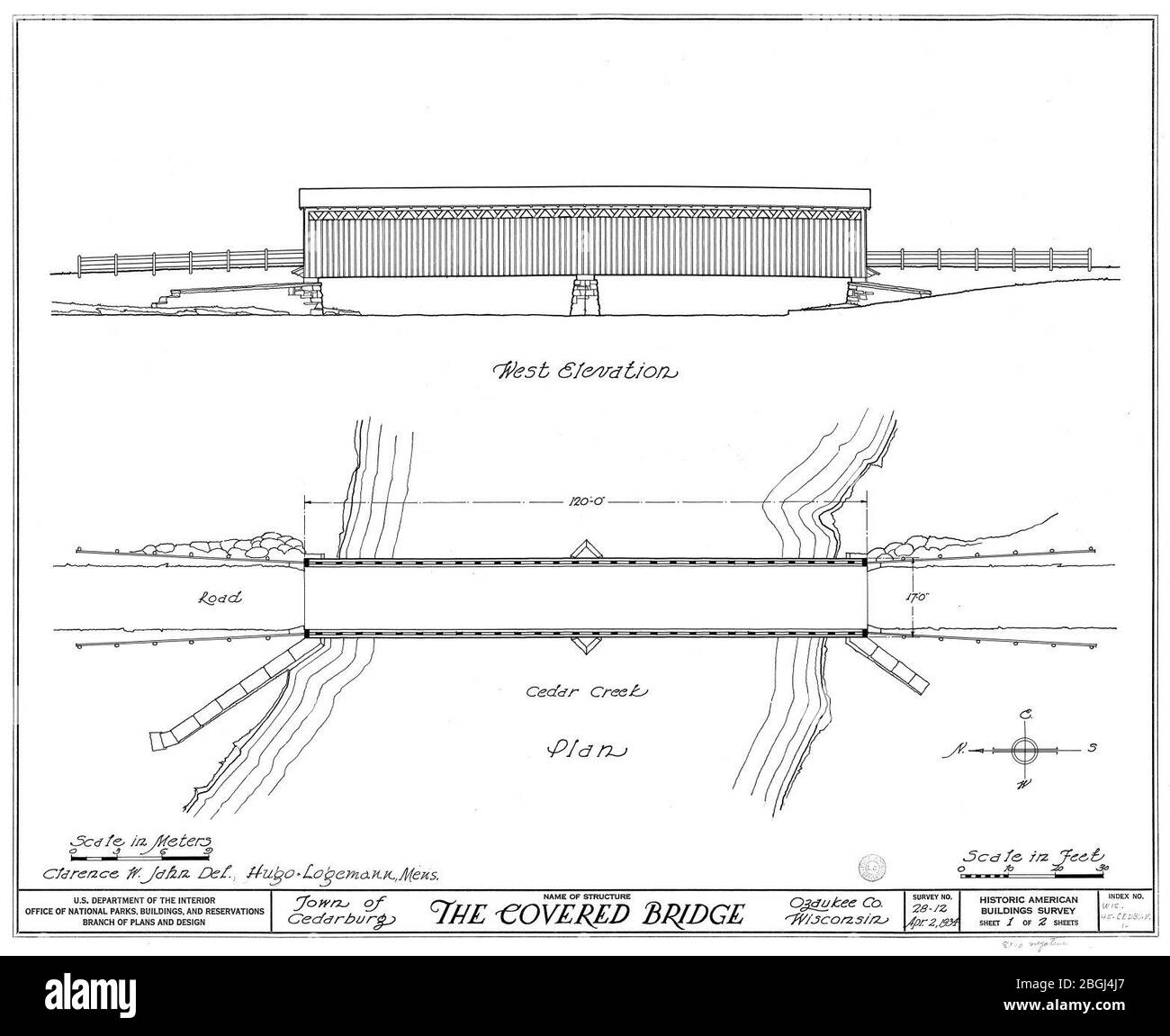 Historische amerikanische Gebäude Übersichtszeichnung der überdachten Brücke, Cedarburg, Wisconsin - 2 von 3. Stockfoto