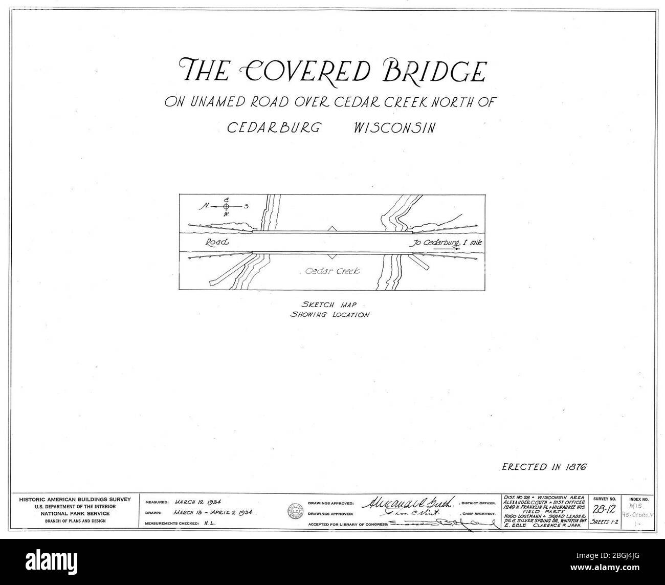 Historische amerikanische Gebäude Übersichtszeichnung der überdachten Brücke, Cedarburg, Wisconsin - 1 von 3. Stockfoto