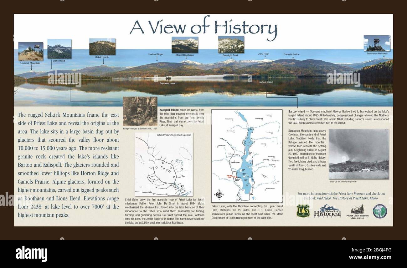 Historische Stätte mit Informationstafeln am Priest Lake (26571230018). Stockfoto
