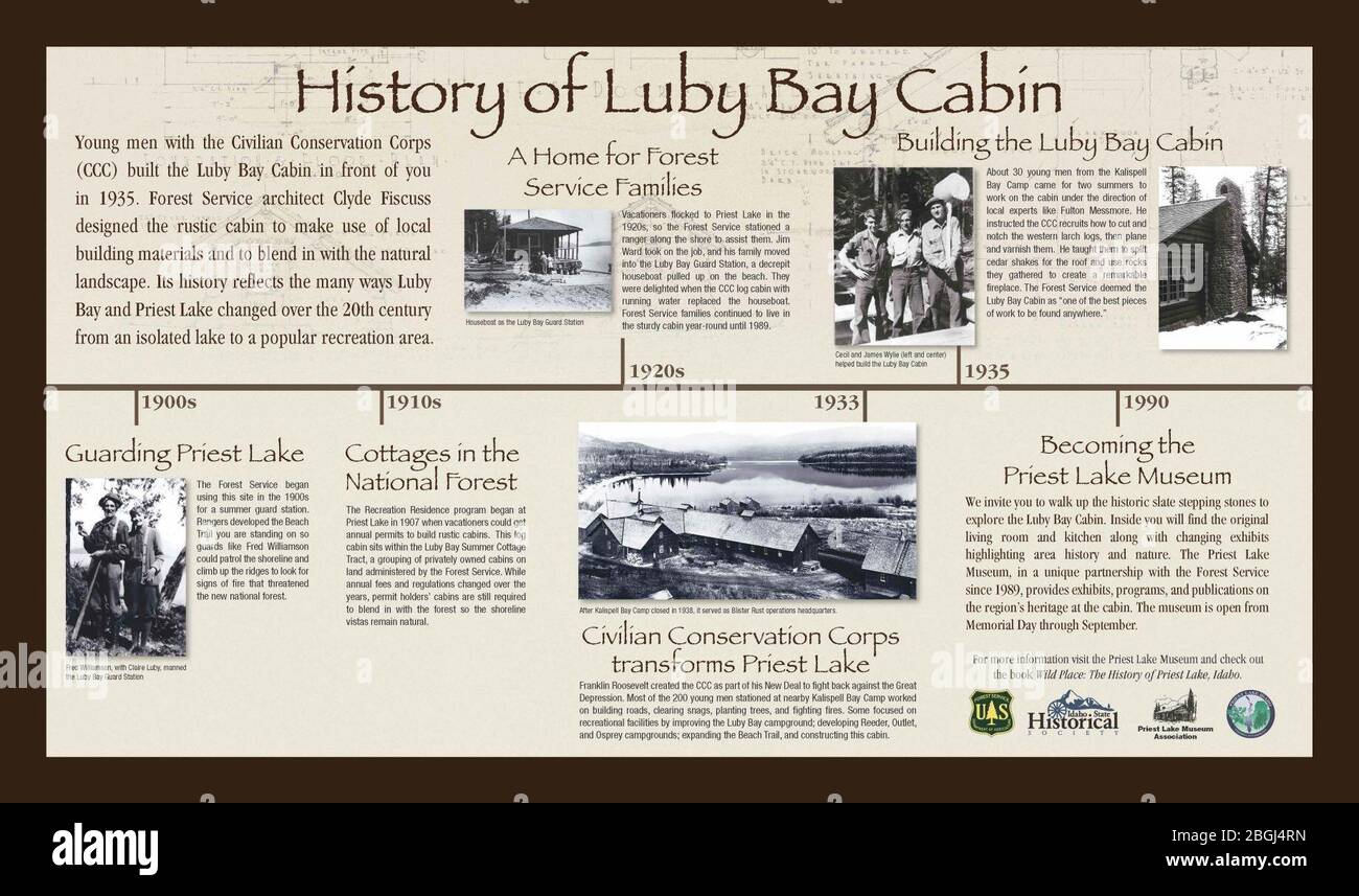 Historische Stätte mit Informationstafeln am Priest Lake (40398305292). Stockfoto