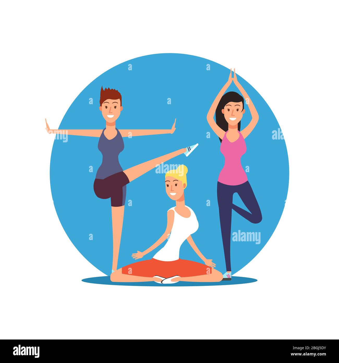 Drei junge Mädchen machen Yoga-Übungen. Yoga, Pilates oder Fitness Vektor-Emblem Illustration Stock Vektor