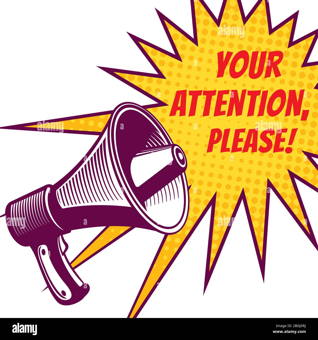 Achtung bitte Vektorsymbole mit Voice Megaphon in Pop Art-Illustration Stock Vektor