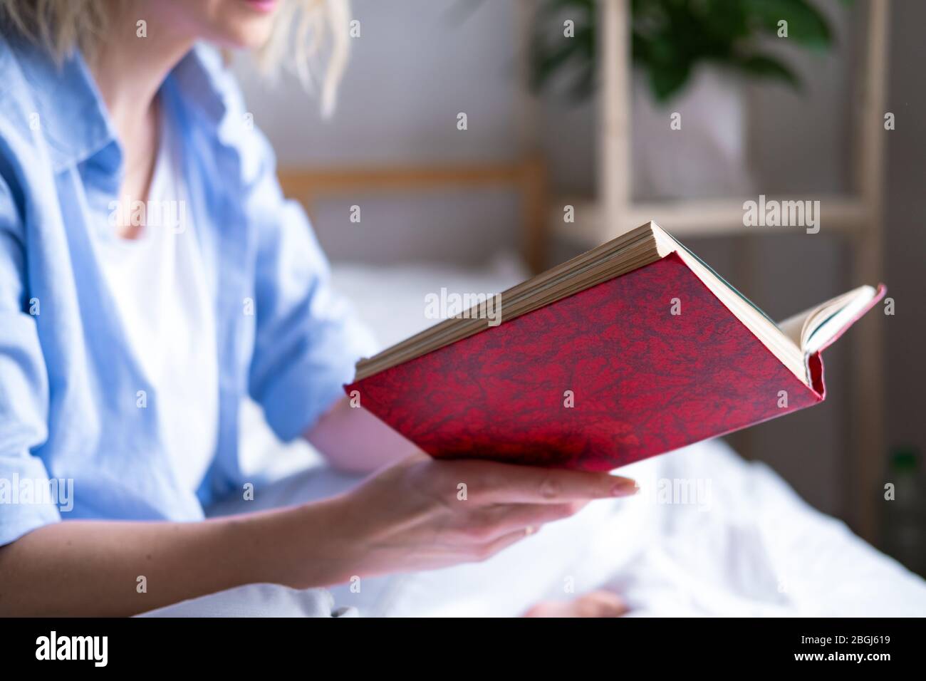 Cropped blonde Frau hält offenes Buch und liest sitzen auf dem Bett. Freizeit, zu Hause bleiben und Quarantäne. Stockfoto
