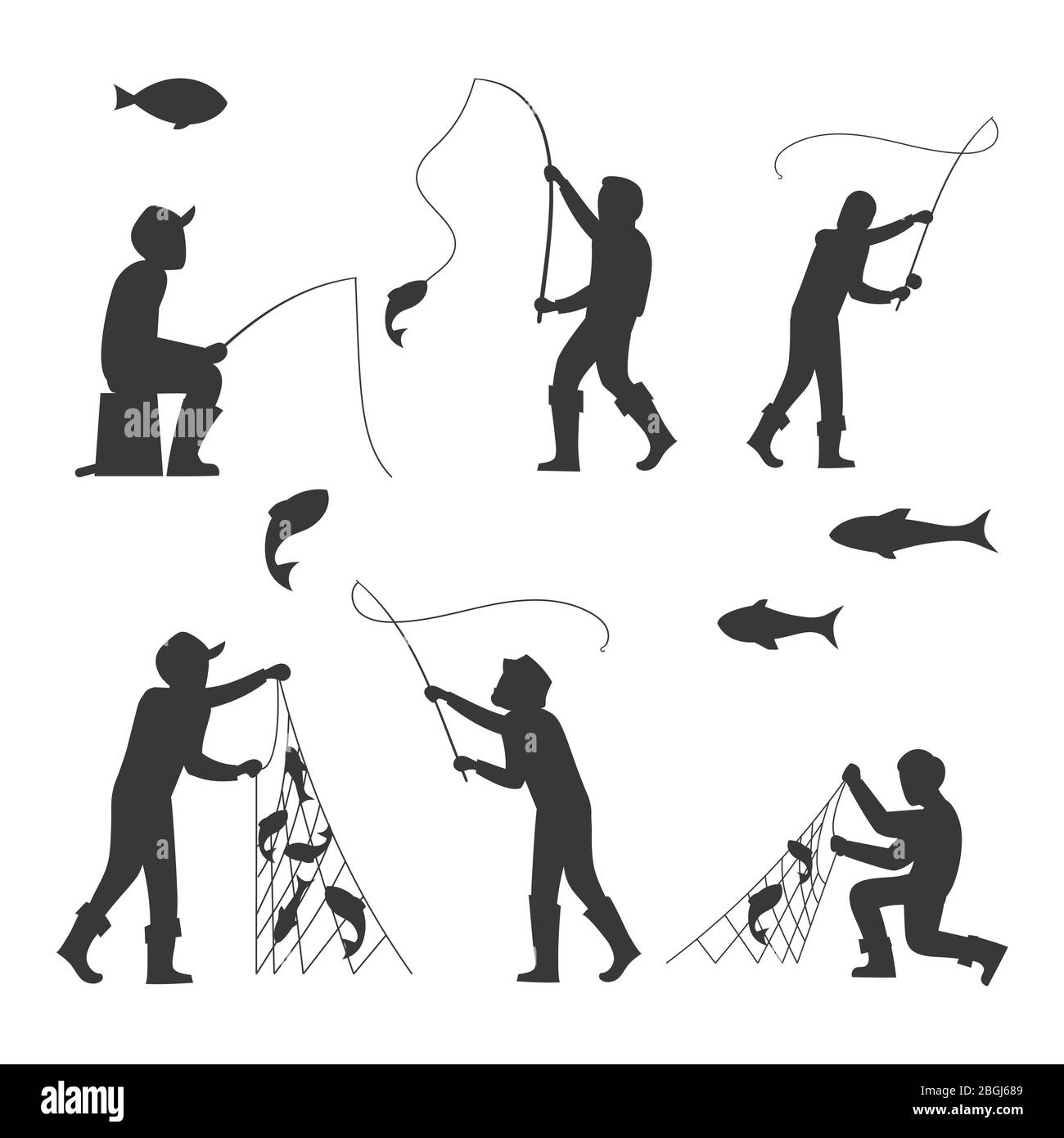 Fisch und Fischer Silhouetten isoliert auf weißem Hintergrund. Fischer Angeln Sport und Freizeit. Vektorgrafik Stock Vektor