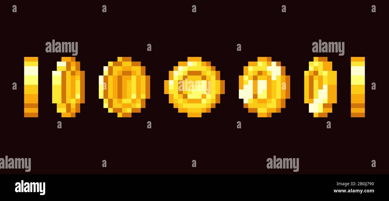 Gold Münze Animationsrahmen für 16 Bit Retro-Videospiel. Vektorsatz für Pixelgrafik. Illustration von Geld Vintage Cash 8bit Stock Vektor