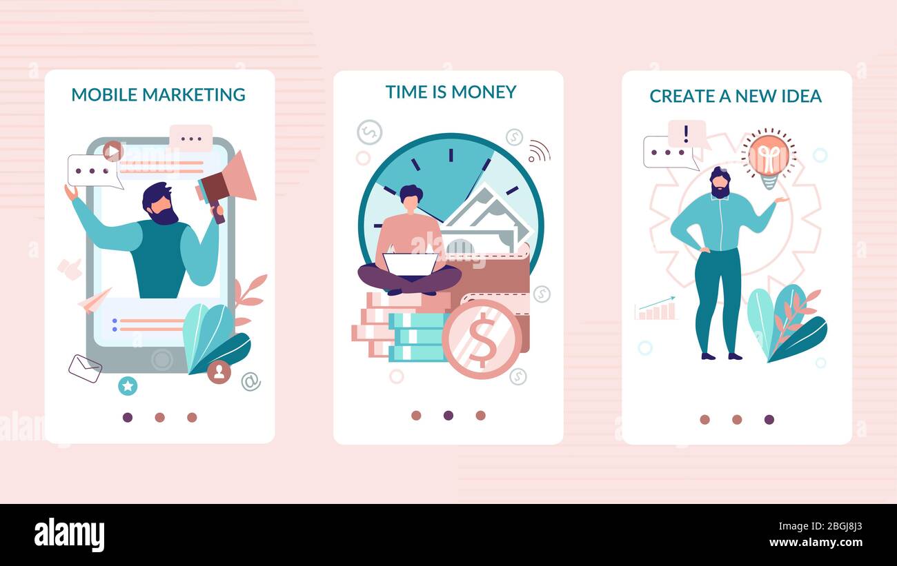 Social Stories für mobile Anwendungen. Mobile Marketing, Tomé is Money, Create New Idea Ad Lettering. Onboarding-Bildschirme Benutzeroberfläche K Stock Vektor
