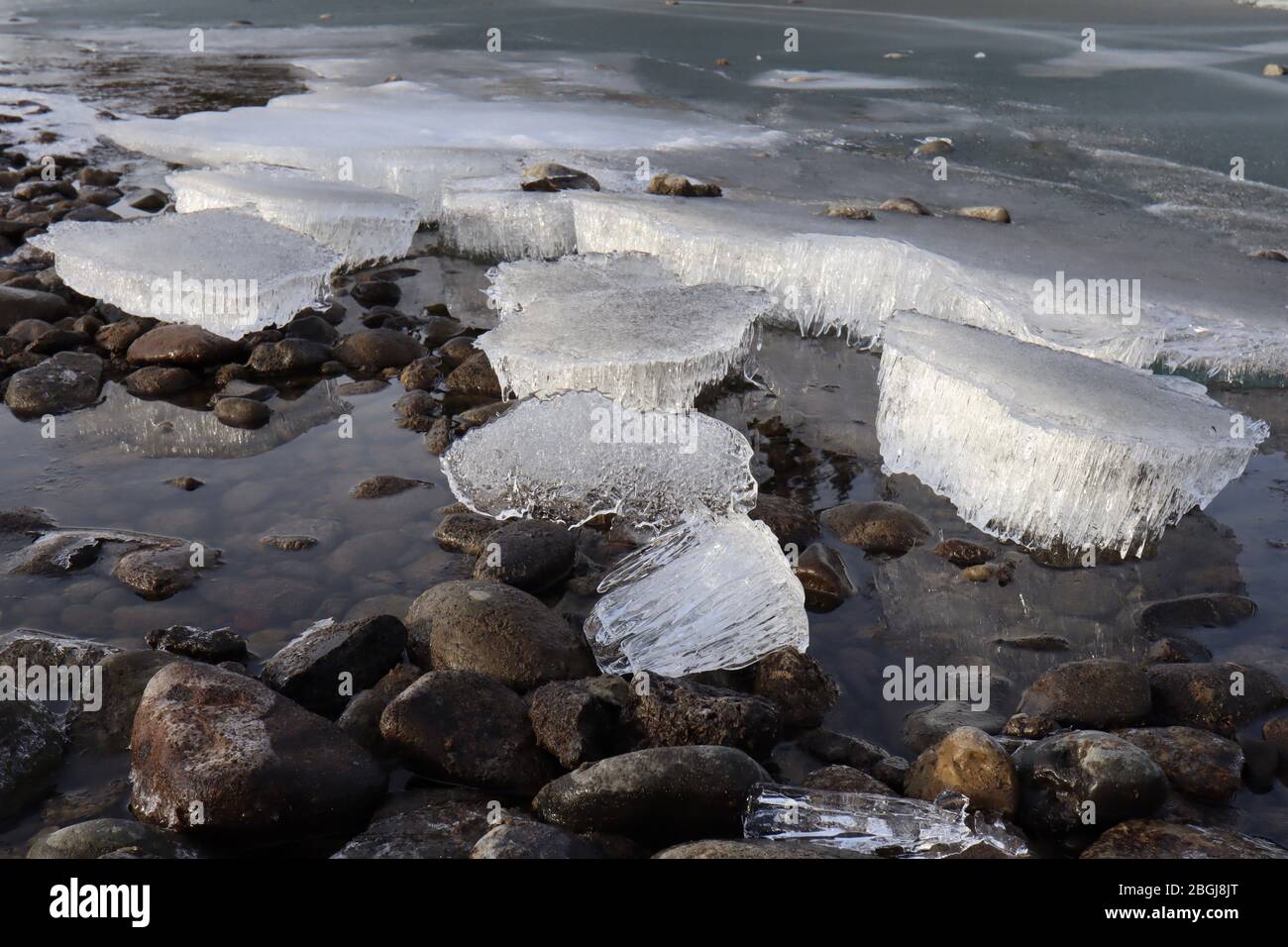 Das Kerzeneis im Frühling schmilzt entlang der Küste des Yukon River, umgeben von Felsen und Wasser Stockfoto