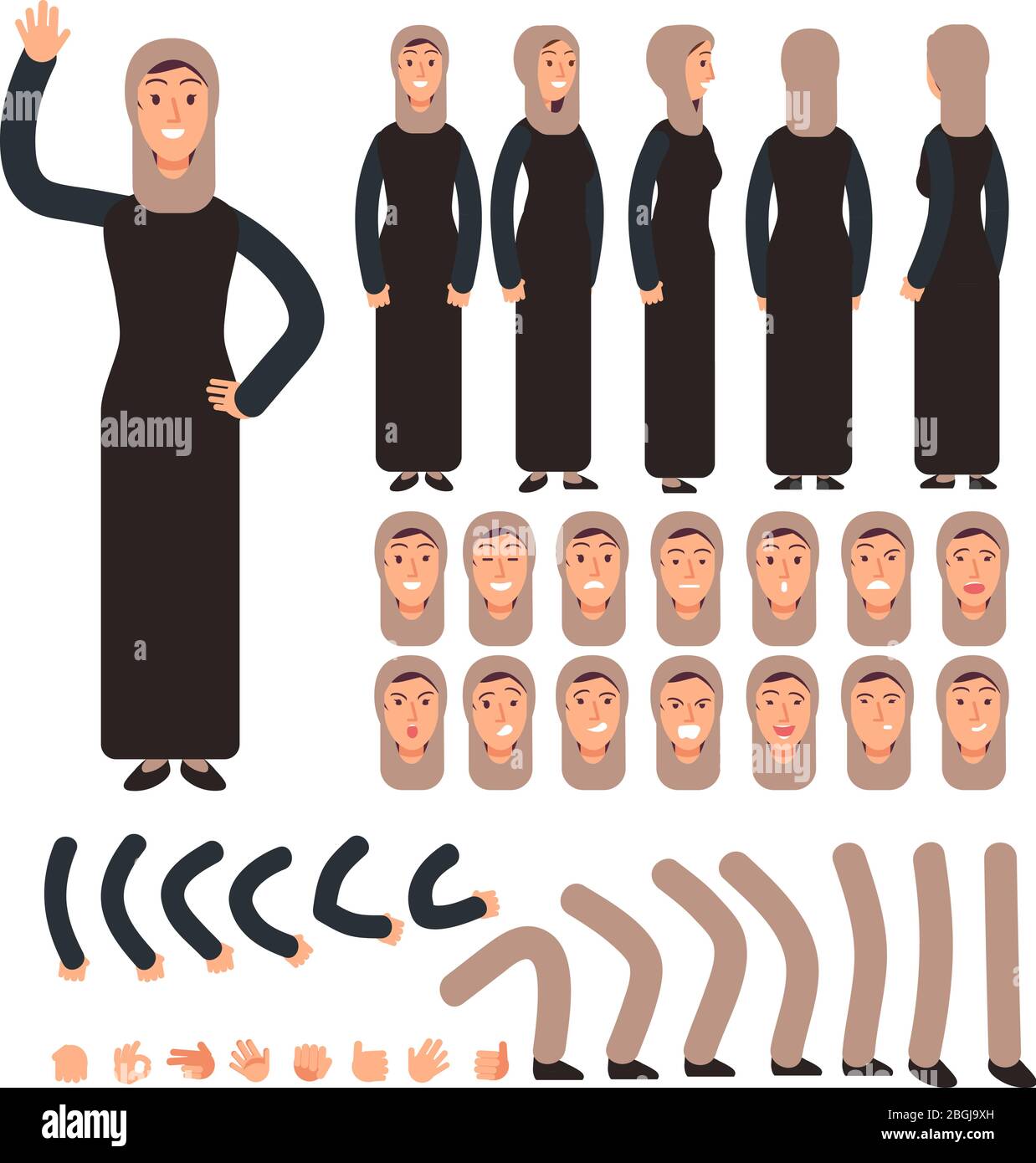 Junge arabische Frau in traditioneller islamischer saudi-Kleidung. Vektor arabisch weibliche Charakter Schöpfung mit Gesicht in verschiedenen Emotionen gesetzt. Illustration von weiblicher muslim, arabischer Frau Stock Vektor