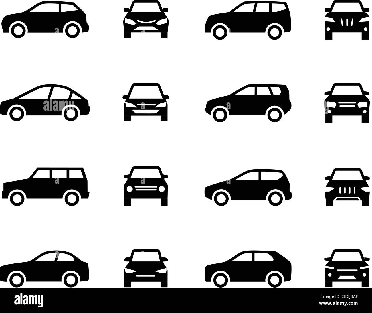 Schilder für die Vorderansicht und Seitenansicht. Fahrzeug schwarz Silhouette Vektor-Symbole isoliert auf weißem Hintergrund. Automobil-Fahrzeug für den Transport, Transport Automobil-Illustration Stock Vektor