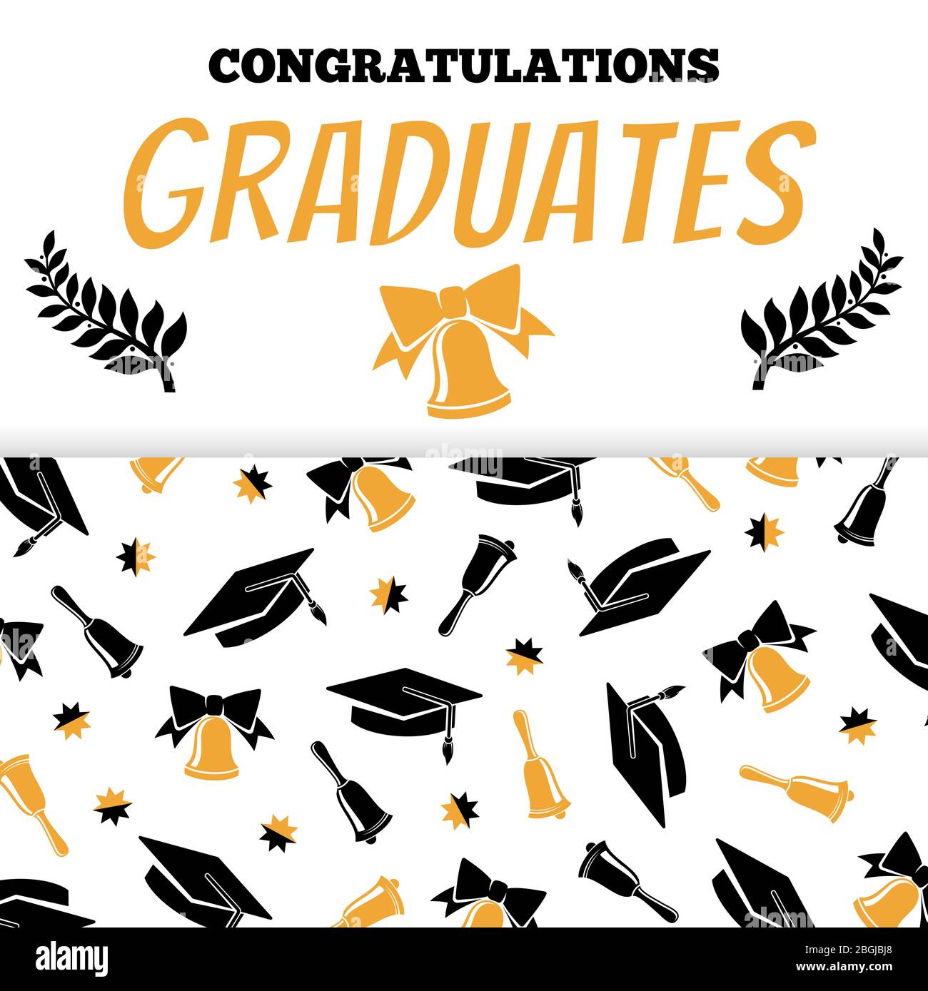 Glückwunsch Absolventen Banner-Design mit Mütze und Glocken Silhouetten Stil. Vektorgrafik Stock Vektor
