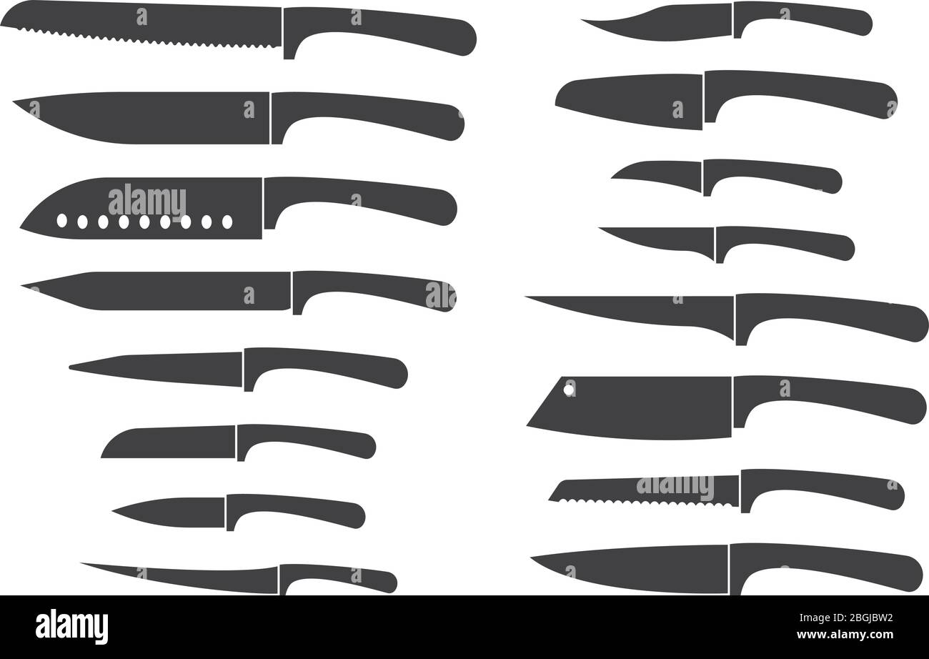 Küchenmesser Set. Koch und Metzgermesser Silhouette Vektor isoliert Symbole. Abbildung des Stahl-Schneide-Werkzeugs, scharfes Utensil Stock Vektor