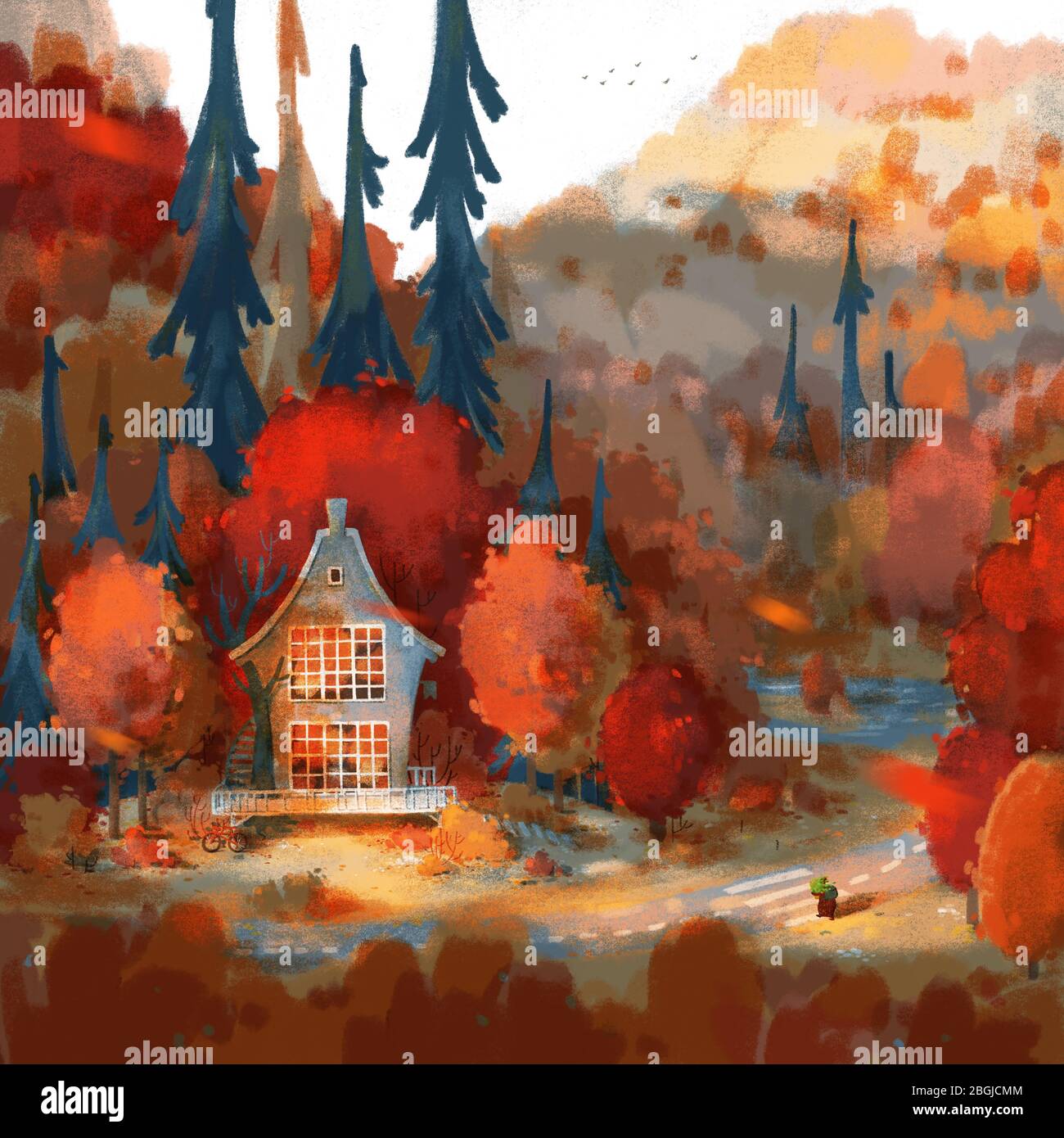 Gemütliches Haus im Herbstwald. Bunte Herbstlandschaft. Stockfoto