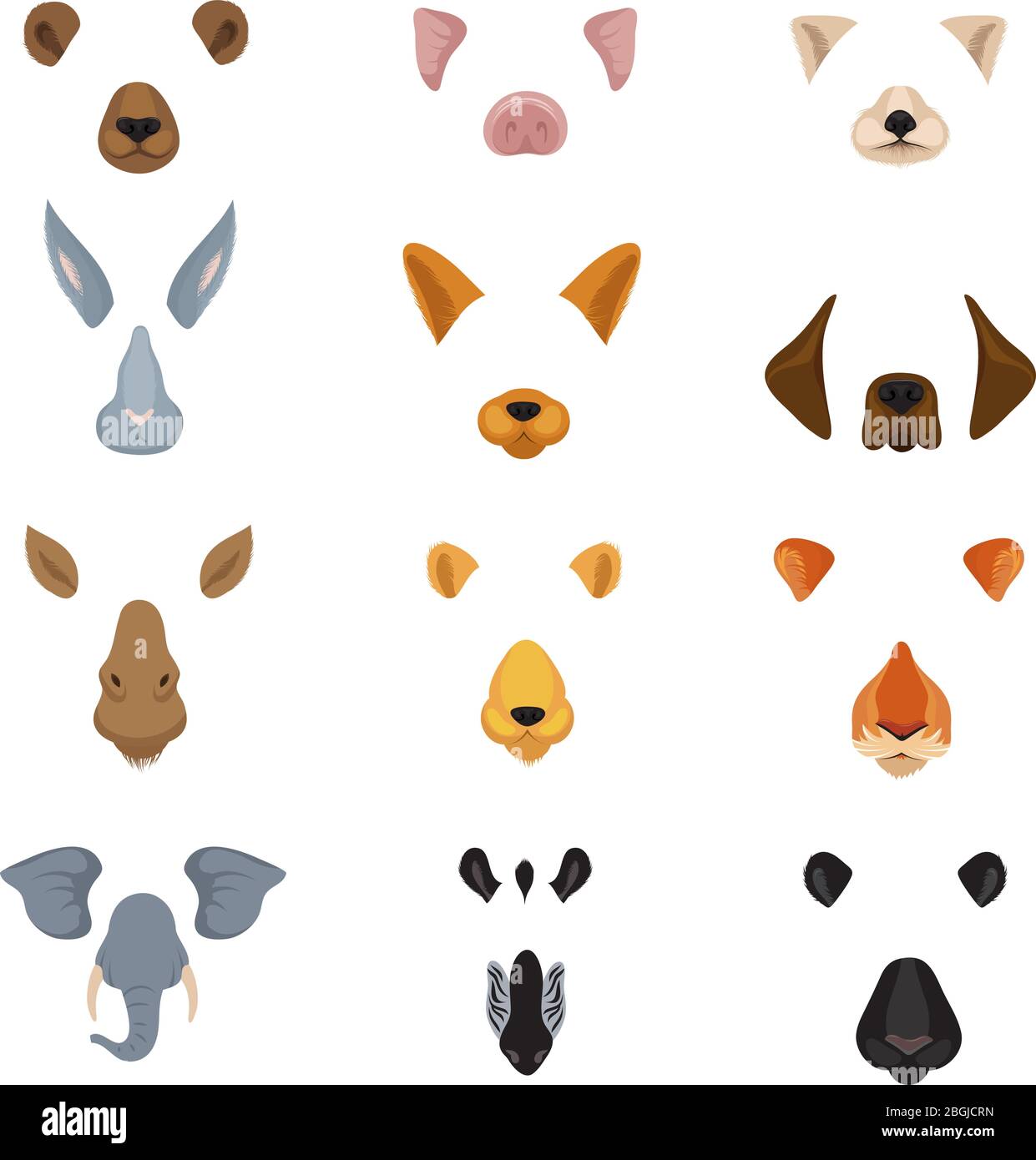 Lustige Tiergesichter für Handy-Video-Chart-App. Cartoon Tiere Ohren und Nasen Vektor-Set. Tierisches Gesicht und lustige Effekt Maske Illustration Stock Vektor