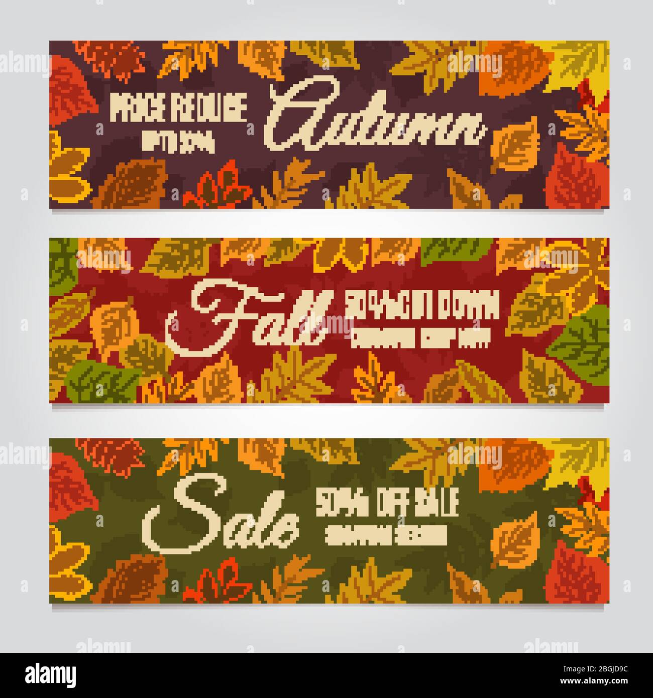 Banner für Herbstverkauf. Herbst Angebot und Saison Rabatte Werbung Hintergrund mit gelben Blättern. Vektor-Set Rabatt und Angebot Banner, Saison Verkauf Illustration Stock Vektor