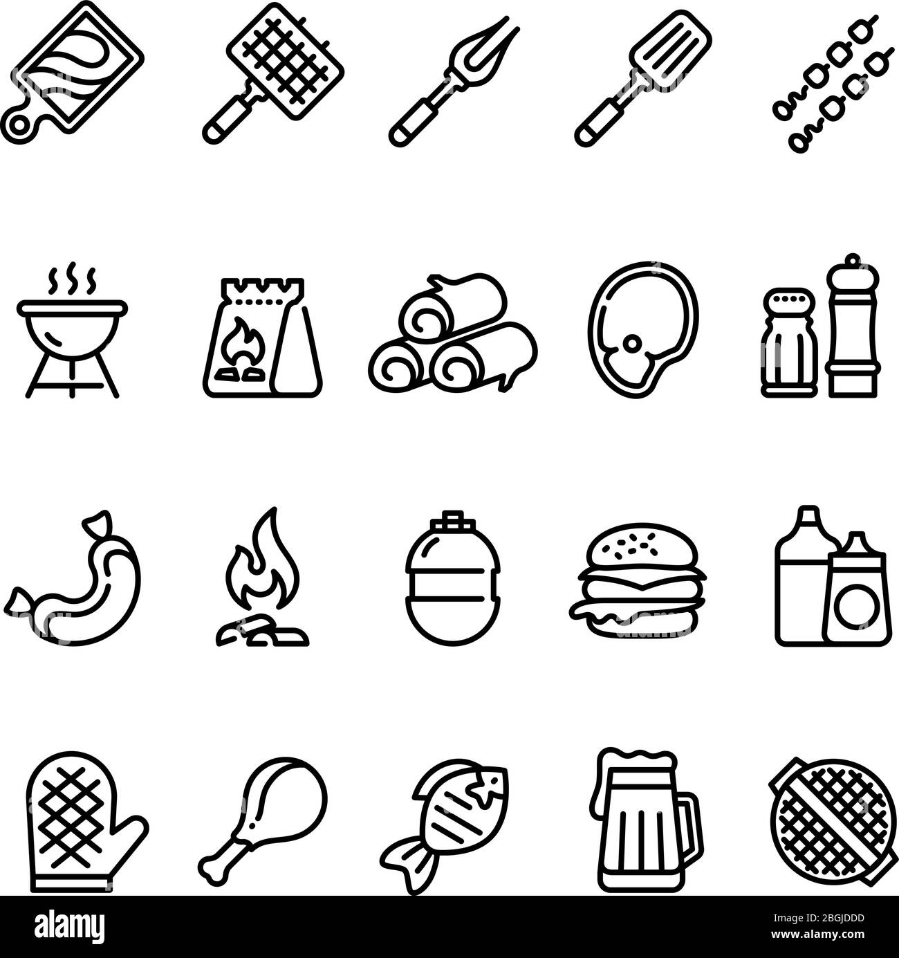 Symbole für heiße Grillpartie und Grilllinie. BBQ Outdoor Küche Vektor isoliert Symbole. Essen Wurst und Burger, Grill Picknick-Symbol lineare Illustration Stock Vektor