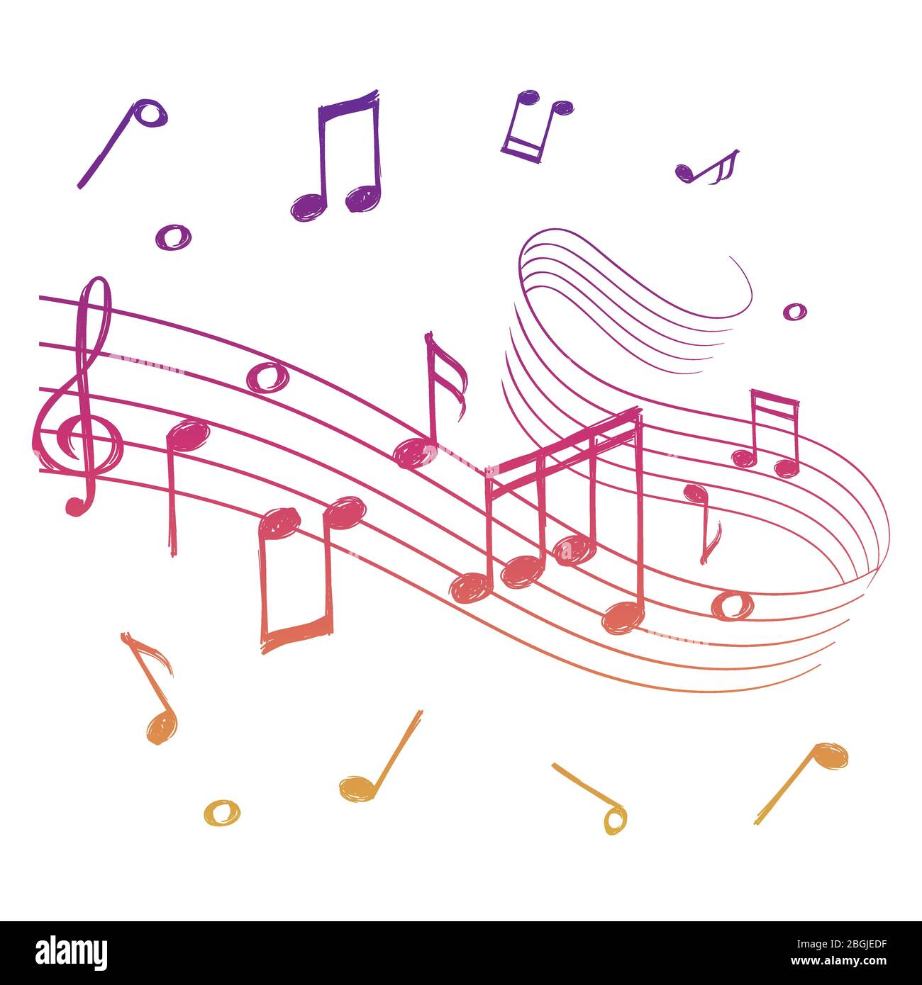Skizze der bunten musikalischen Klangwelle mit Noten isoliert. Vektor Musik Hintergrund Illustration Stock Vektor