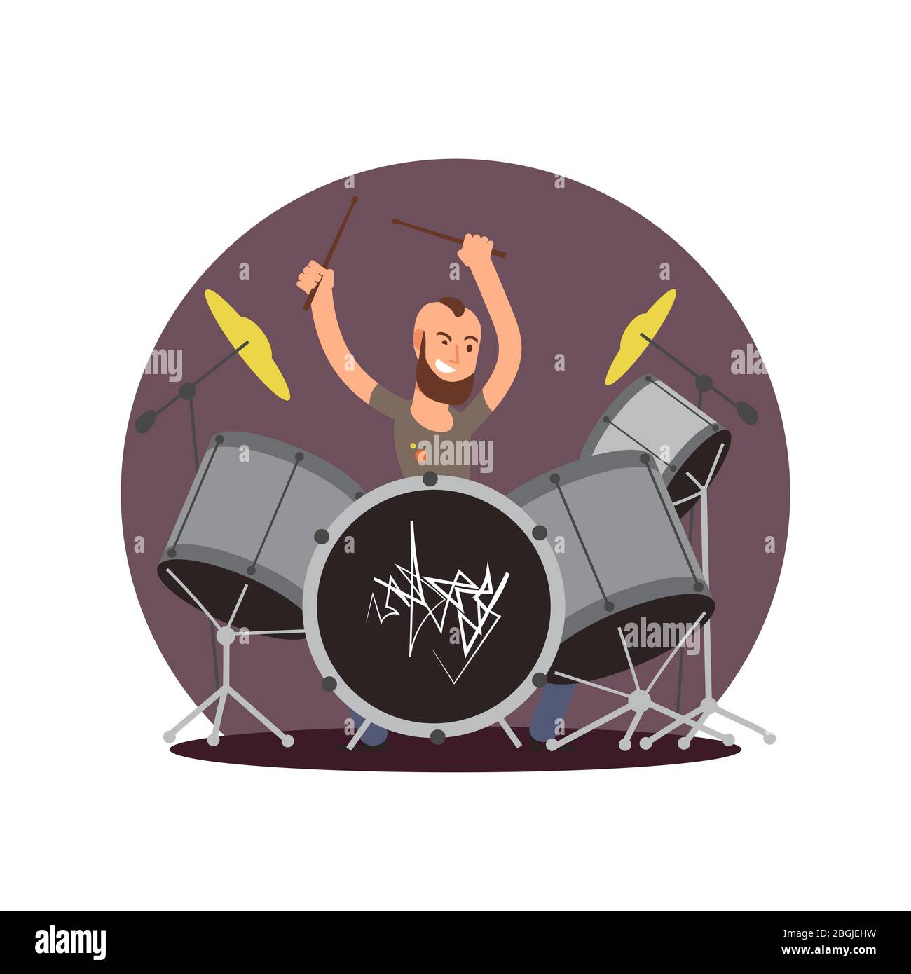 Cartoon Charakter Schlagzeuger Symbol. Flacher Vektor Musiker Konzept Illustration isoliert Stock Vektor
