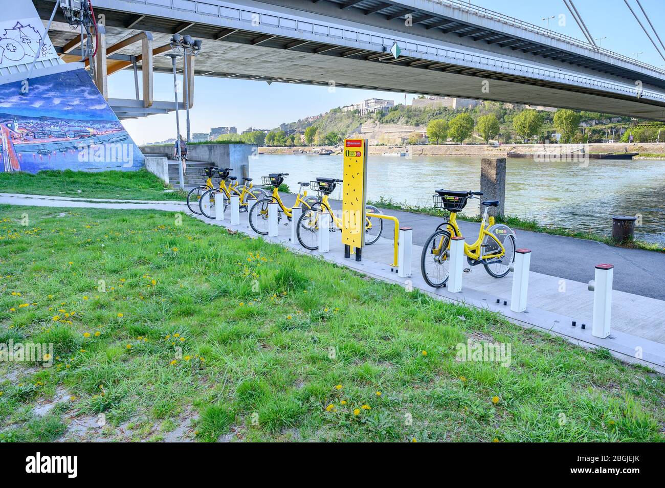 BRATISLAVA (SLOWAKEI) – APRIL 20 2020: Gelbe öffentliche Fahrräder in der Andockstation am Donauufer gesperrt - Bike-sharing Stockfoto