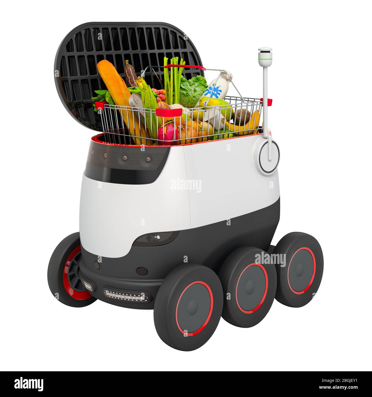 Autonomer Lieferroboter mit Warenkorb voller Produkte. 3D-Rendering auf weißem Hintergrund isoliert Stockfoto