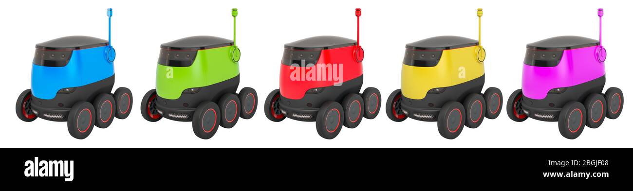 Satz autonomer Lieferroboter. 3D-Rendering auf weißem Hintergrund isoliert Stockfoto