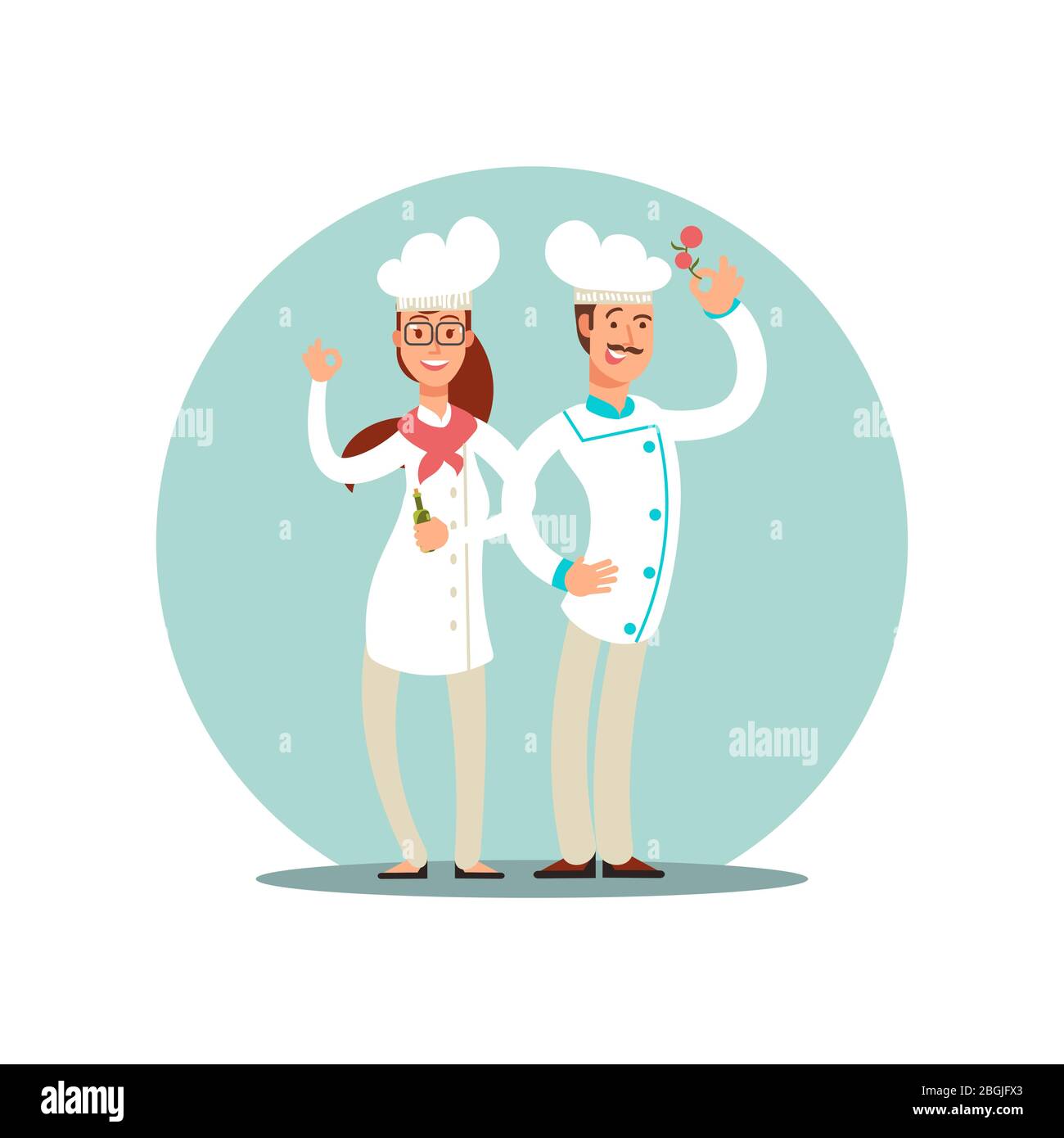 Lächelnde Restaurantköche, professionelle Köche in Küche einheitliche flache Zeichen Symbol isoliert auf weißer Illustration Stock Vektor