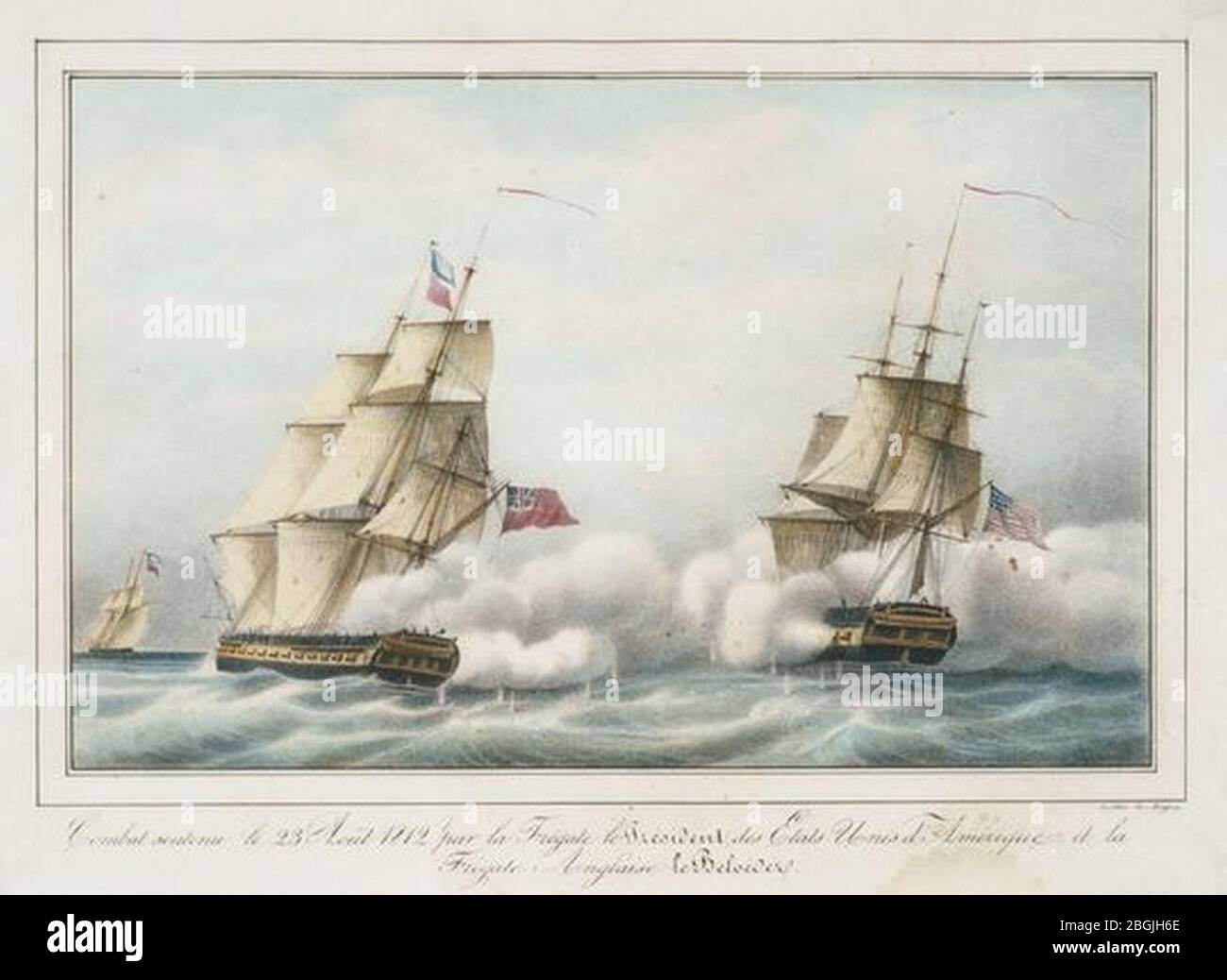 HMS Belvidera (1809) und USS President (1800). Stockfoto