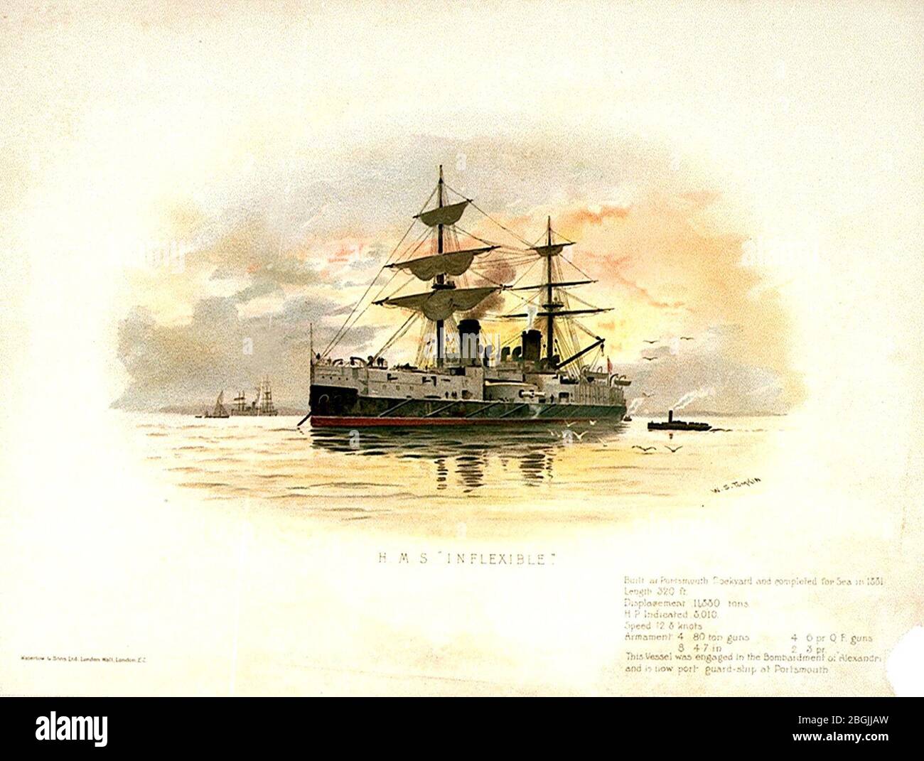 HMS unflexibel gebaut in Portsmouth Dockyard und fertiggestellt für Sea in 1881. Länge 320 m Hubraum 11, 800 Tonnen. HPI 8010. Geschwindigkeit 12.8 Knoten. Bewaffnung 4 80 Tonnen Kanonen 4 6pr Q F Kanonen 8 4.7in 2 3 PR Dieses Schiff war Stockfoto