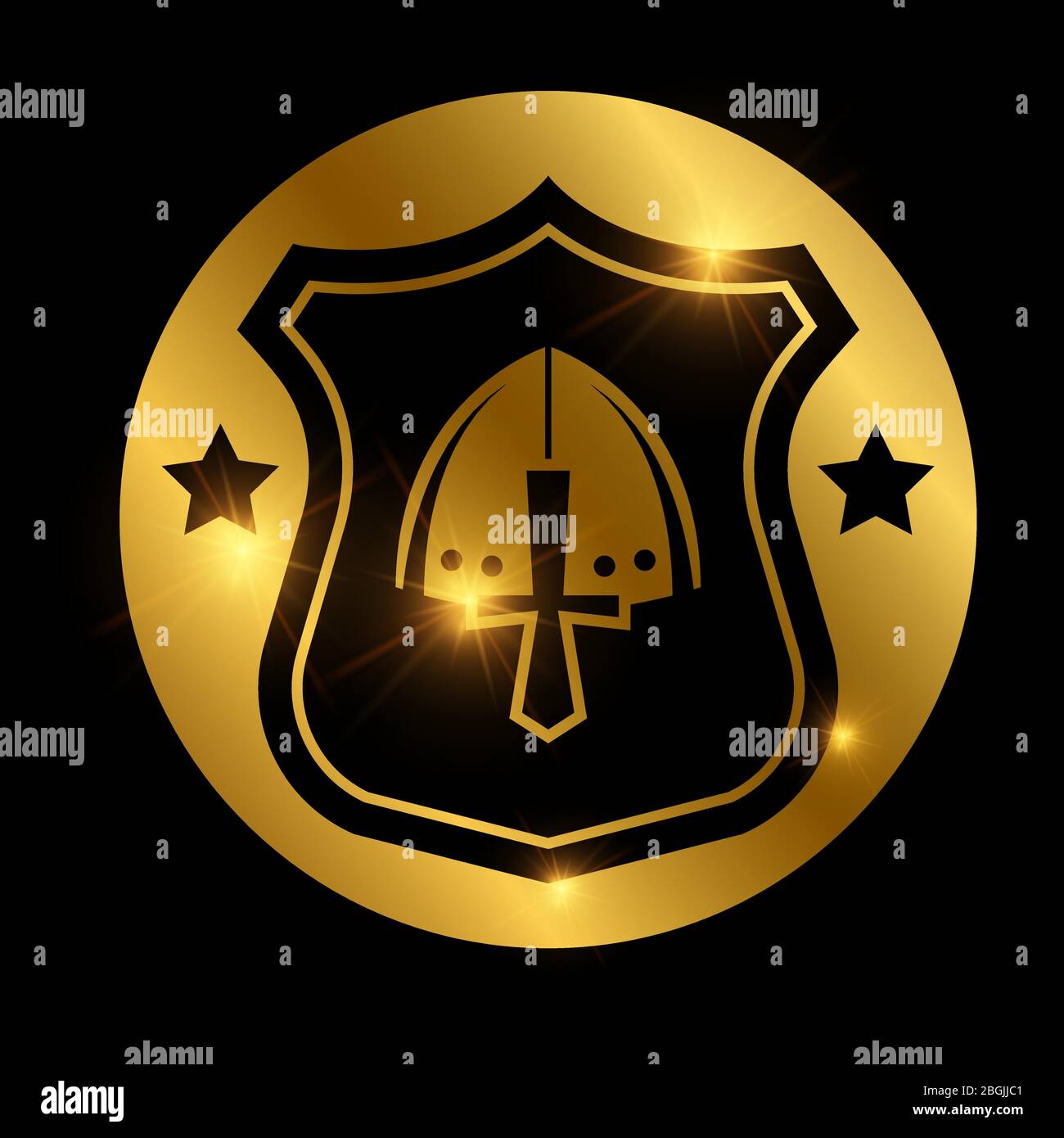 Glänzendes Defense Logo-Design. Mittelalterlicher Schild auf goldenem Hintergrund. Vektorgrafik Stock Vektor