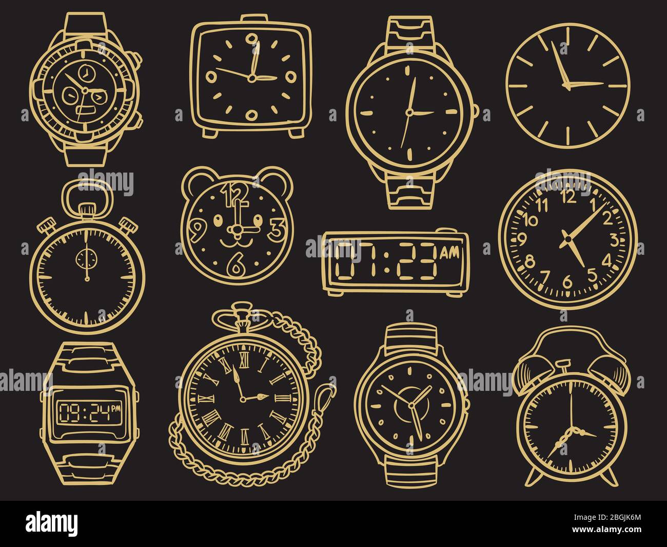 Handgezeichnete goldene Armbanduhr, Doodle Sketch Uhren, Wecker und Zeitmesser auf schwarzem Hintergrund isoliert. Vektorgrafik Stock Vektor