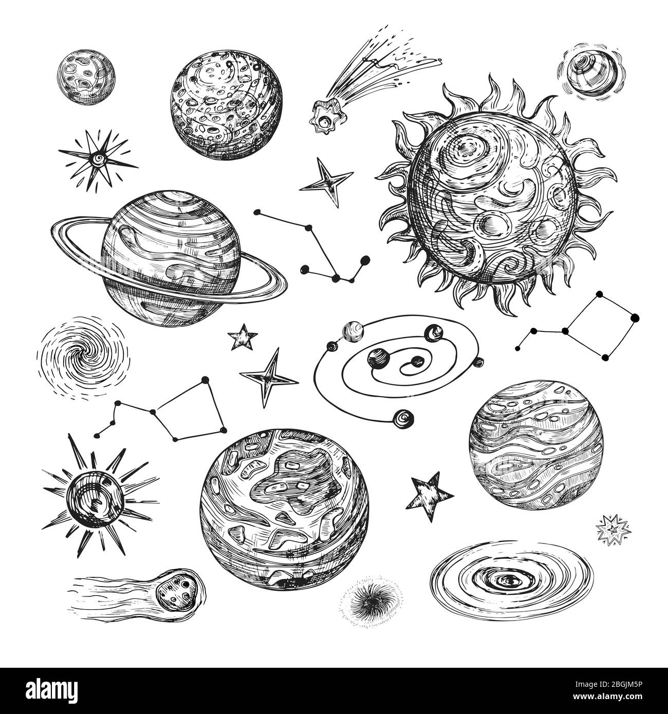 Handgezeichnete Sonne, Planeten, Sterne, Komet, Asteroid, Galaxie. Vintage astronomische Vektor-Illustration im Gravurstil. Planet und Komet, Mond und Sonne, Galaxie und Asteroid Stock Vektor