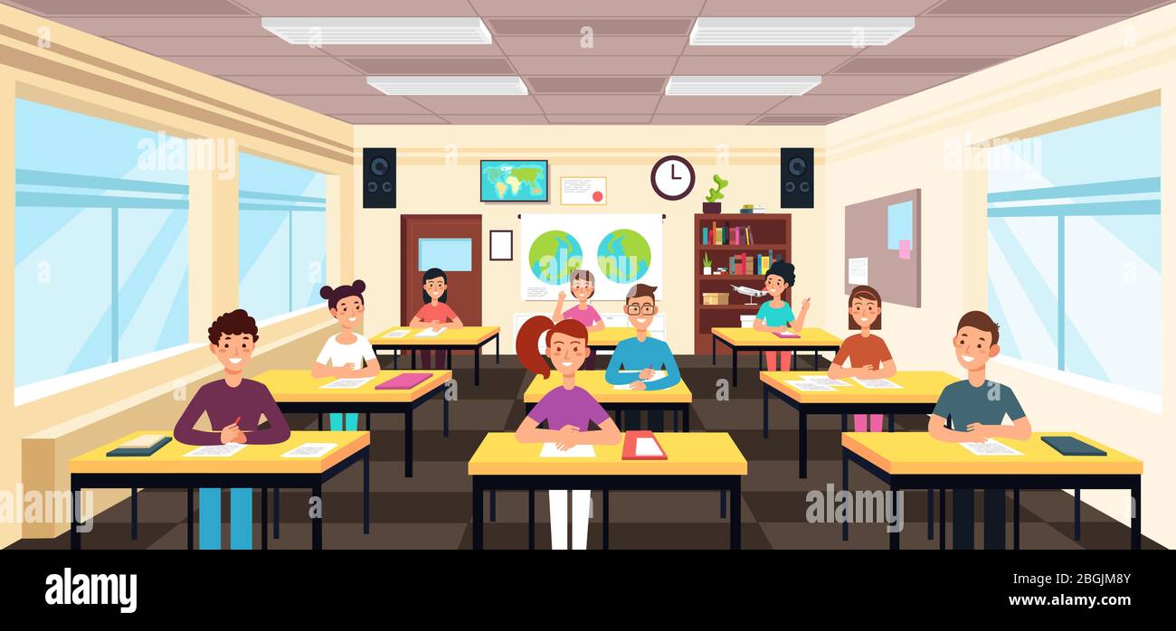 Schüler lernen im Klassenzimmer. Schüler in der Schule Lektion Vektor-Konzept. Lernraum mit Schreibtisch und Stuhl. Vektorgrafik Stock Vektor