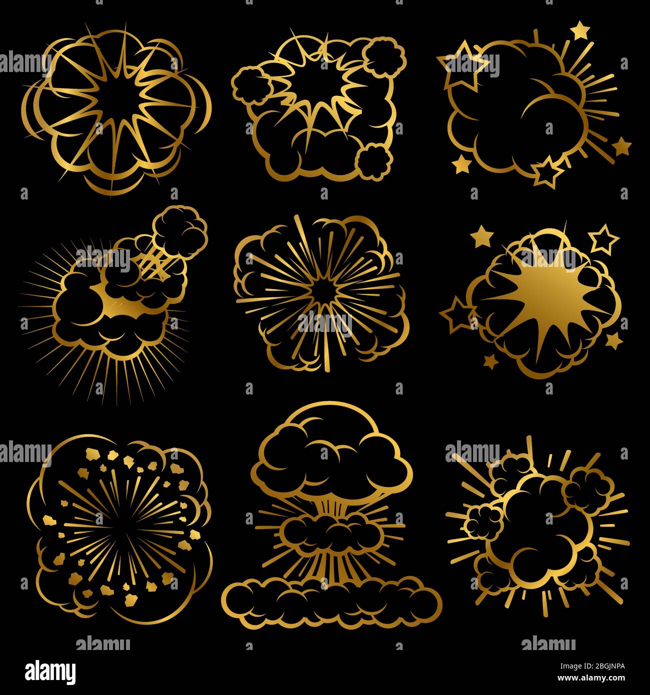 Goldene Explosionswolken. Comic Smoke Ringe Vektor Set Kollektion Illustration Stock Vektor