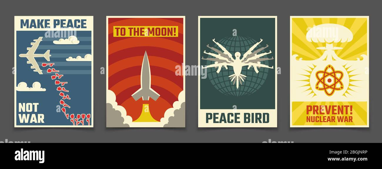 Sowjetische Anti-Krieg, friedliche Propaganda Vektor Vintage-Plakate. Abbildung von Friedensvogel, Rakete zum Mond Stock Vektor