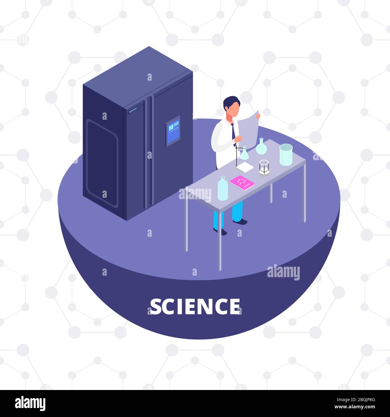Science 3d isometrisches Forschungslabor mit Laborgeräten und Vektordarstellung von Wissenschaftlern. 3D-Symbol für Chemielabor isoliert Stock Vektor