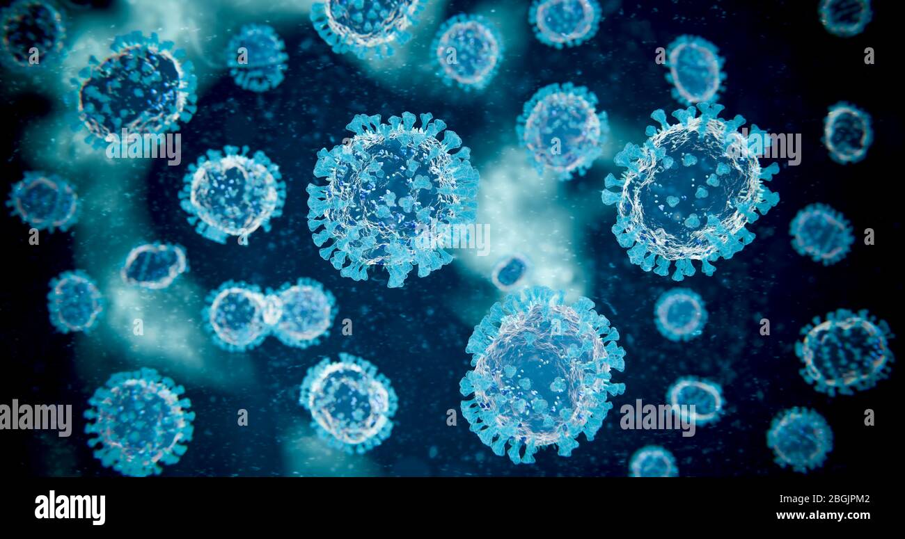 Blau mikroskopische COVID-19 Coronavirus Moleküle - NCoV Influenza Virus Erreger unter Macro Lab Medical Microscope - 3D Rendering Stockfoto