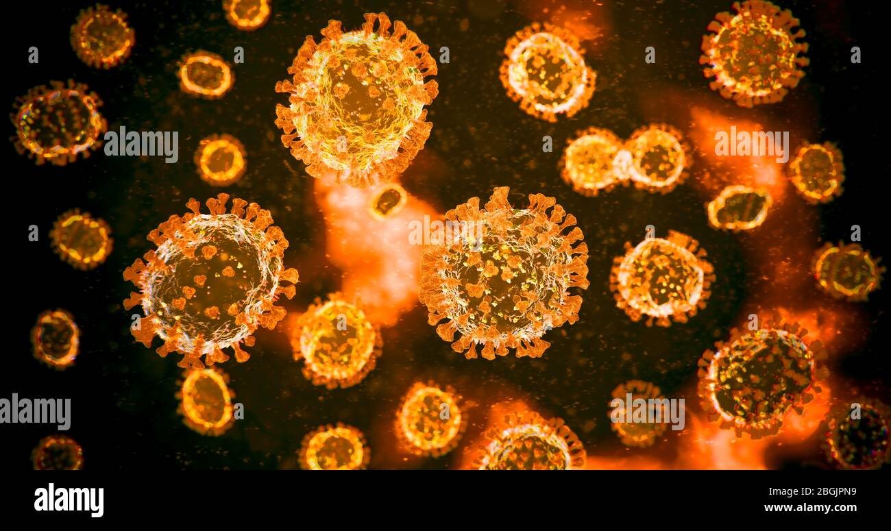 Orange mikroskopische COVID-19 Coronavirus Moleküle - NCoV Influenza Virus Pathogene unter Labor Medizinisches Mikroskop - 3D Illustration Stockfoto