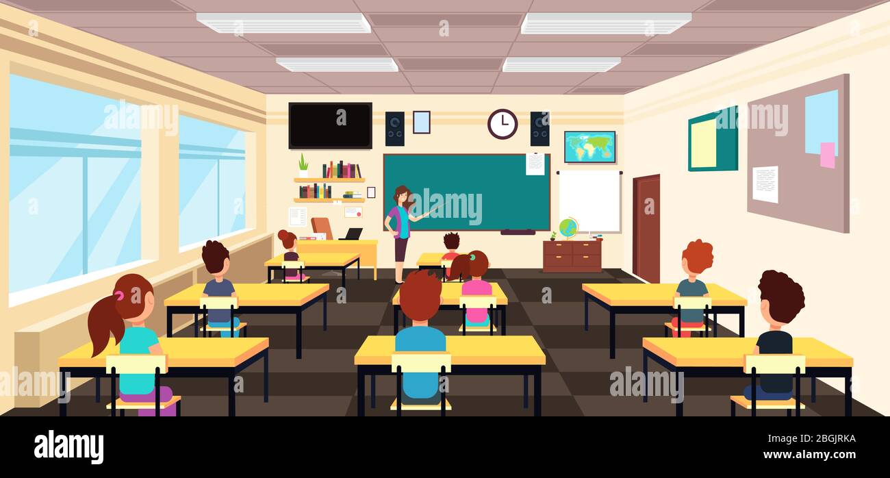 Lehrer an der Tafel und Kinder an den Schultischen im Klassenzimmer. Cartoon Vektor Illustration. Schulklasse mit Tafel und Lehrer Stock Vektor