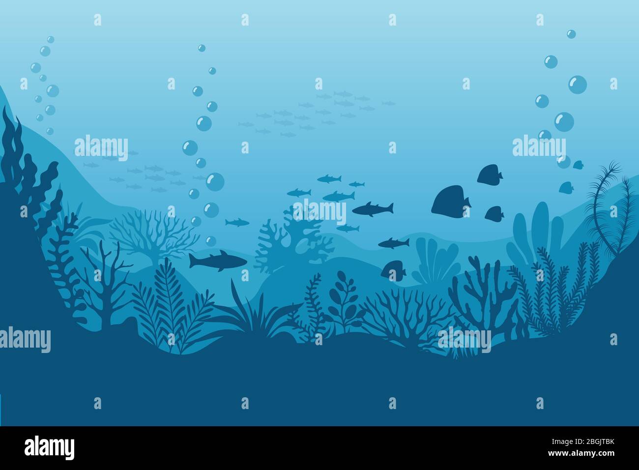 Meer Unterwasser Hintergrund. Meeresboden mit Algen. Vektor-Szene. Ocean Szene, Meer unter Wasser, Unterwasserleben auf der Unterseite Abbildung Stock Vektor