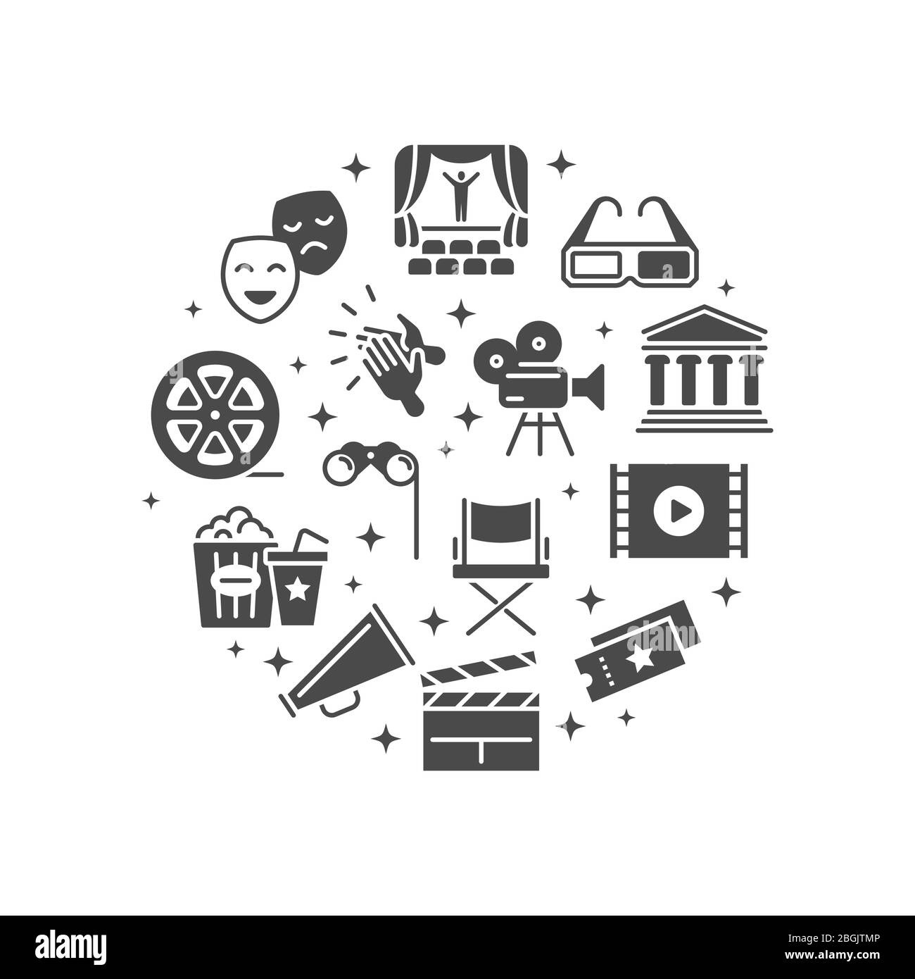 Hollywood Film, Theater-Performance und Unterhaltung rund Symbole Konzept isoliert auf weißem Hintergrund. Vektorgrafik Stock Vektor