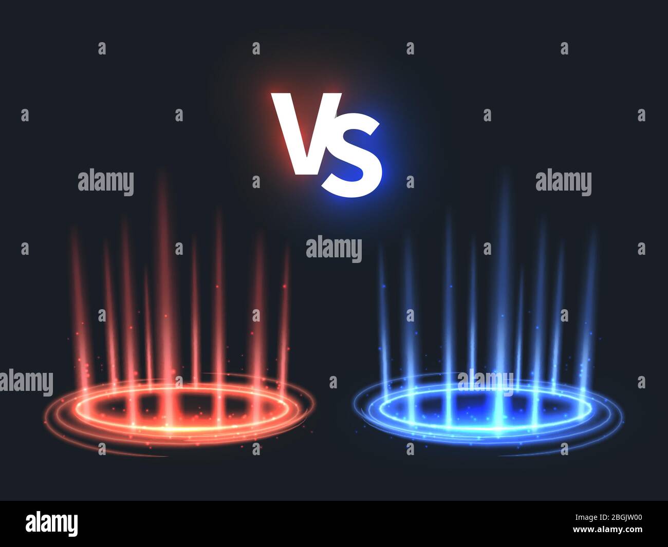 Gegen glühenden Teleporter Effekt auf dem Boden. Vs Kampfszene mit Strahlen und Funken. Abstraktes Hologramm übernatürlichen Vektor Hintergrund. Kampf und Kampf Spiel Herausforderung, Wettbewerb Farbe vs Illustration Stock Vektor