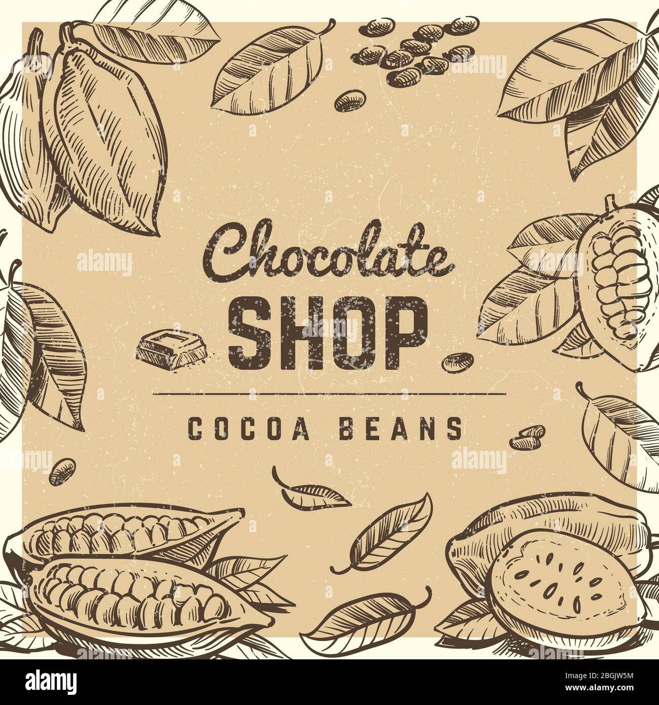 Chocolate Shop Vintage Poster und Banner Design mit skizzierten Schokolade und Kakaobohnen Illustration Vektor Stock Vektor