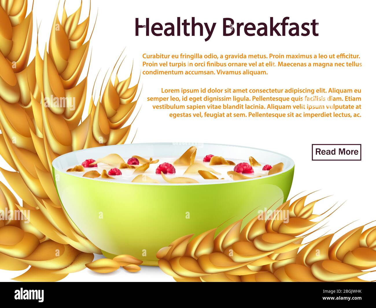 Gesundes Frühstück Banner oder Hintergrund oder Web-Seite Vektor-Konzept mit realistischen Objekten - Schüssel, Getreide, Cornflakes Illustration Stock Vektor