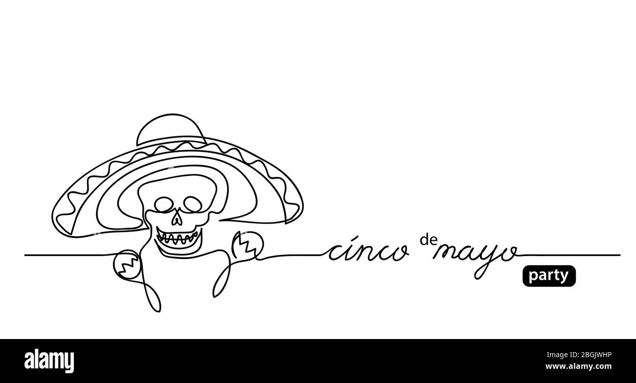Sombrero, Maracas, Totenkopf schwarz und weiß mexikanische Illustration. Cinco de Mayo Party Vektor einfacher Hintergrund, Poster. Stock Vektor