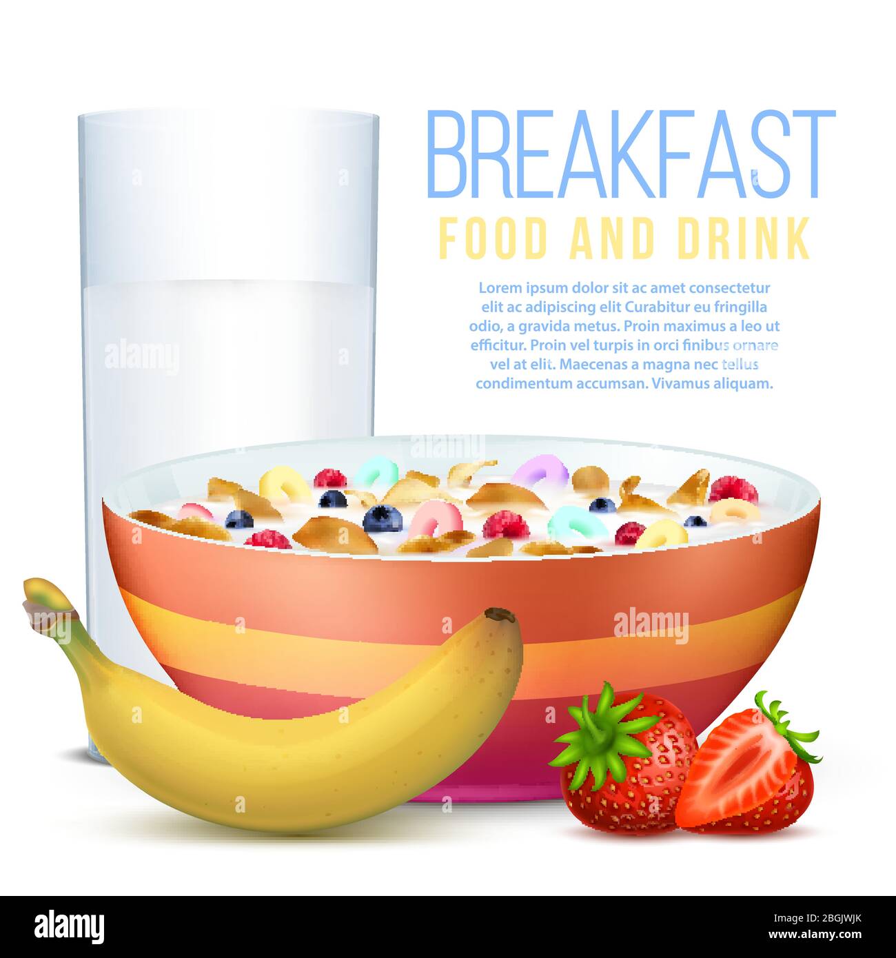 Gesundes Frühstück mit realistischen Früchten, Schüssel mit Flocken und Glas Milch Vektor-Illustration Stock Vektor