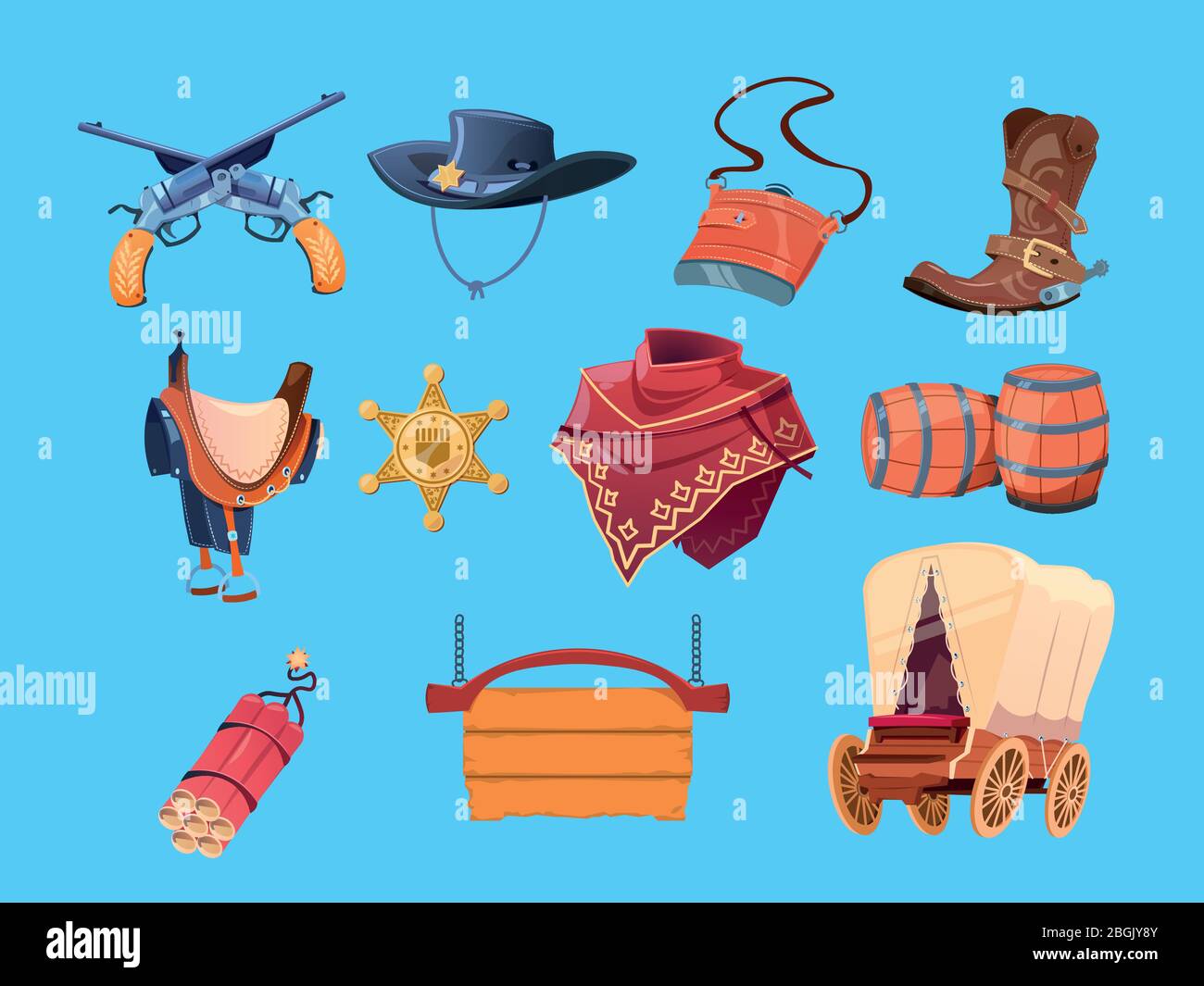 Westliche Cartoon-Elemente. Cowboy Stiefel, Hut und Pistole aus dem Wilden Westen. Sheriff Abzeichen, Dynamit und Wagen Vektor-Symbole. Illustration von Waffenrevolver und Hut, Holzschild Stock Vektor
