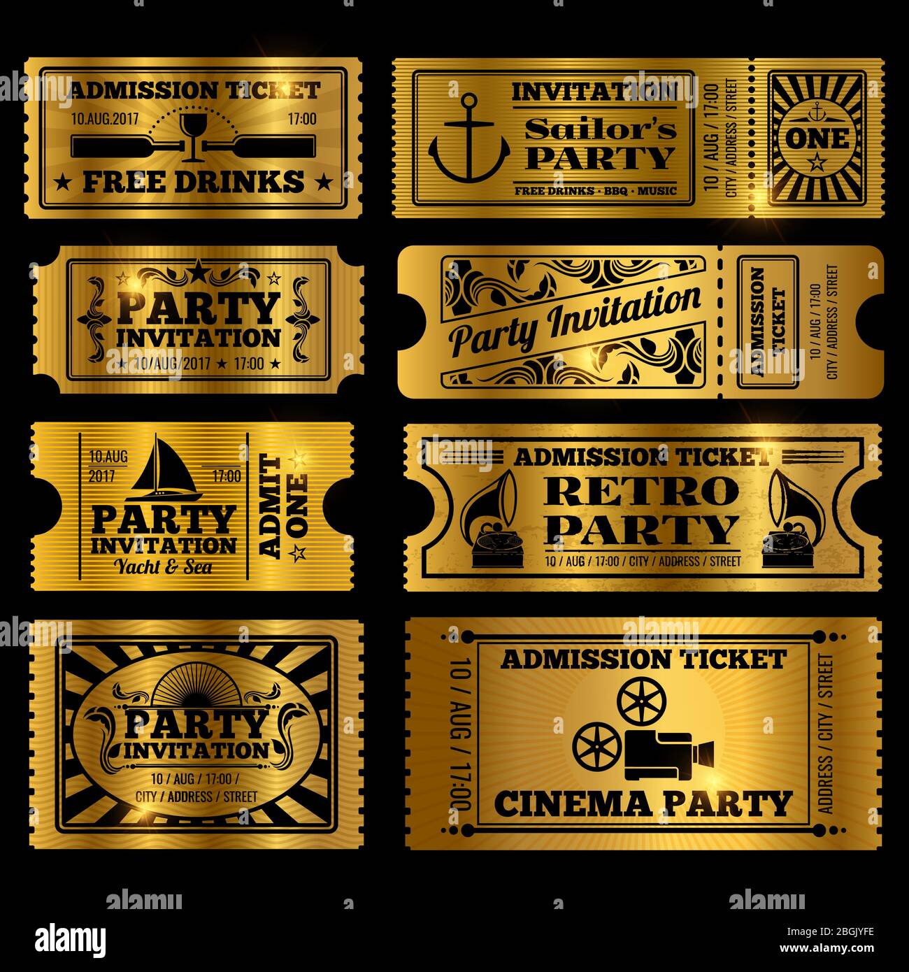 Retro Party, Kino, Einladung Vektor-Tickets Set. Vektor goldene Tickets isoliert auf schwarzem Hintergrund Illustration Stock Vektor