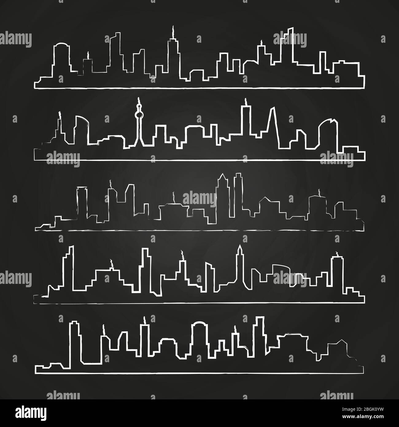 Grunge-Gebäude Linie der Stadt. Handgezeichnete städtische Vektor-Stadtlandschaft auf Tafel-Illustration gesetzt Stock Vektor