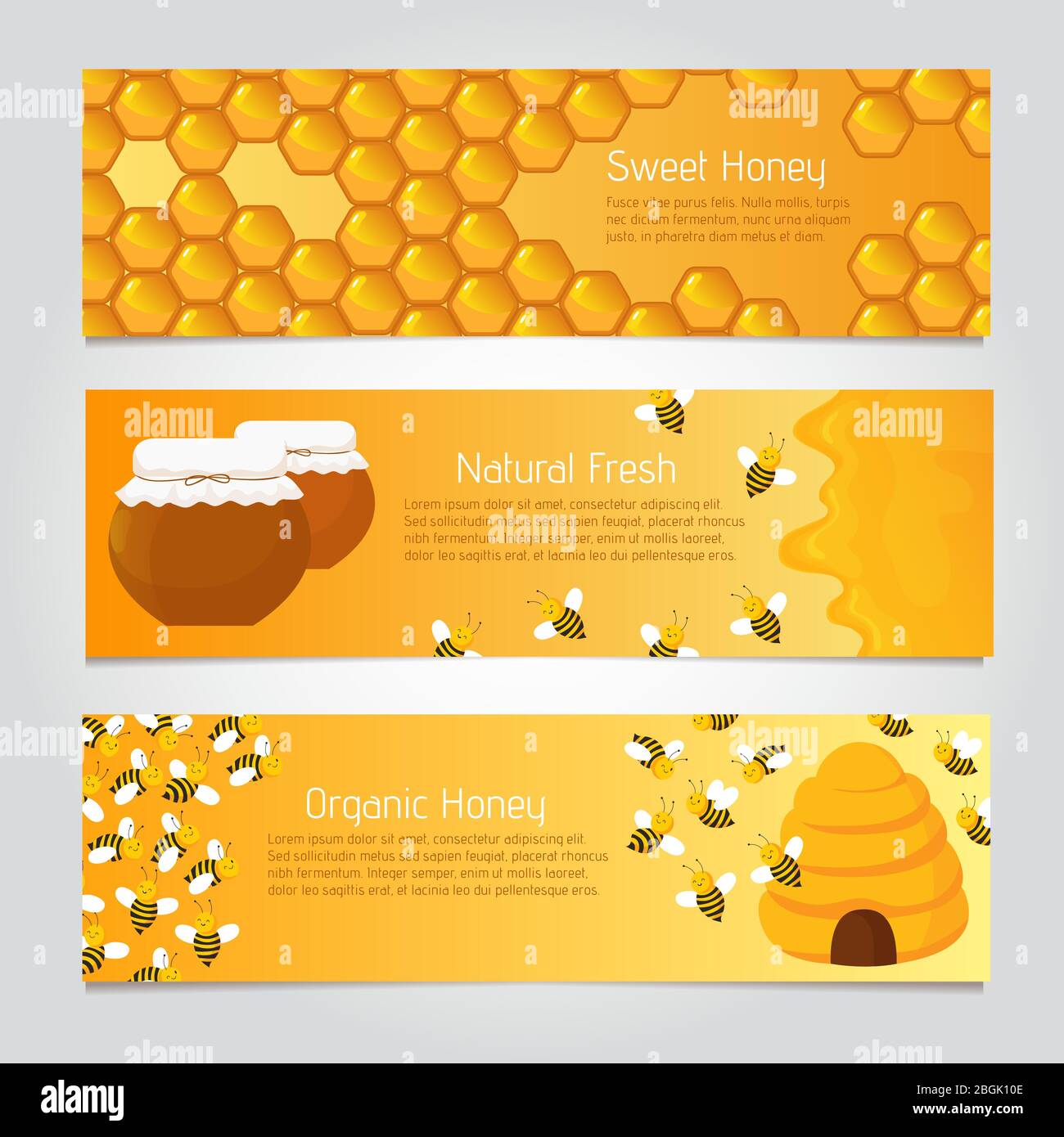 Honey Banner. Nette Karikatur Honigbienen mit Bienenstock. Vektor-Set von Honigbiene Poster, natürliche Lebensmittel und Wabe Illustration Stock Vektor
