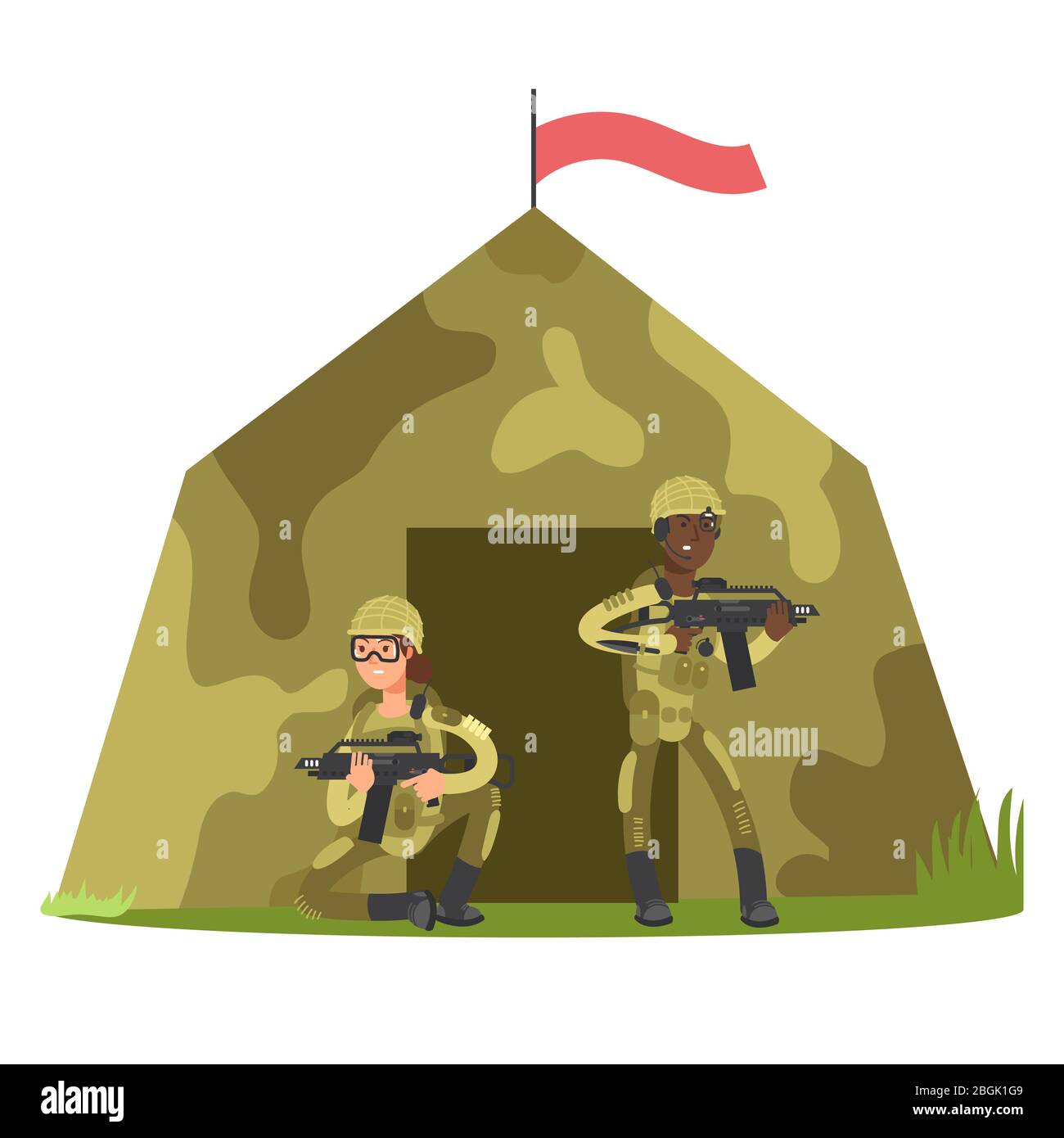 Cartoon Charakter Soldat mit Pistole und Militärzelt isoliert auf weißen Vektor-Illustration Stock Vektor